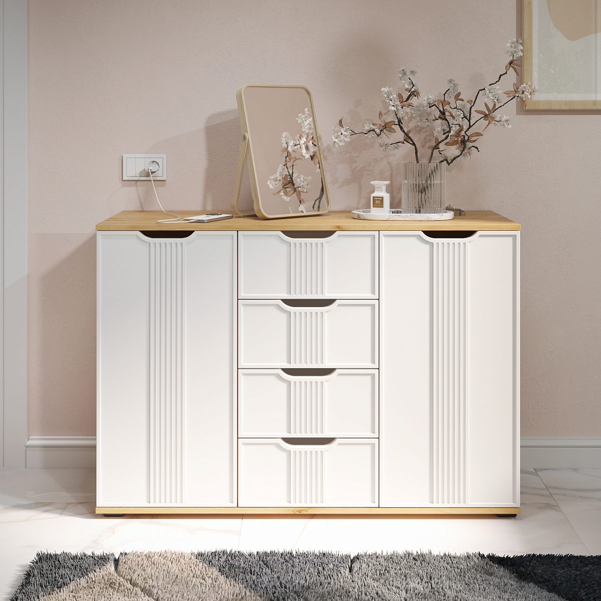 Комод Эмилия ЭЛ-21 дуб крафт золотой/меренга