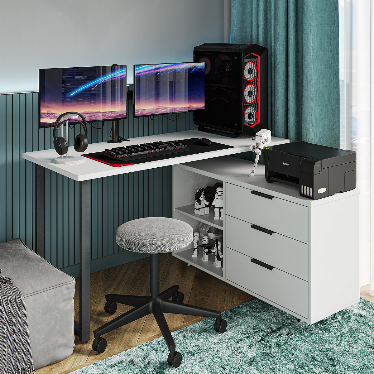 Стол письменный с тумбой С-60050 белый структурный/меренга/каркас черный