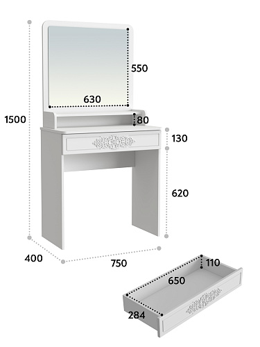 Туалетный столик с зеркалом Ассоль Лайт ТСН-1 белое дерево