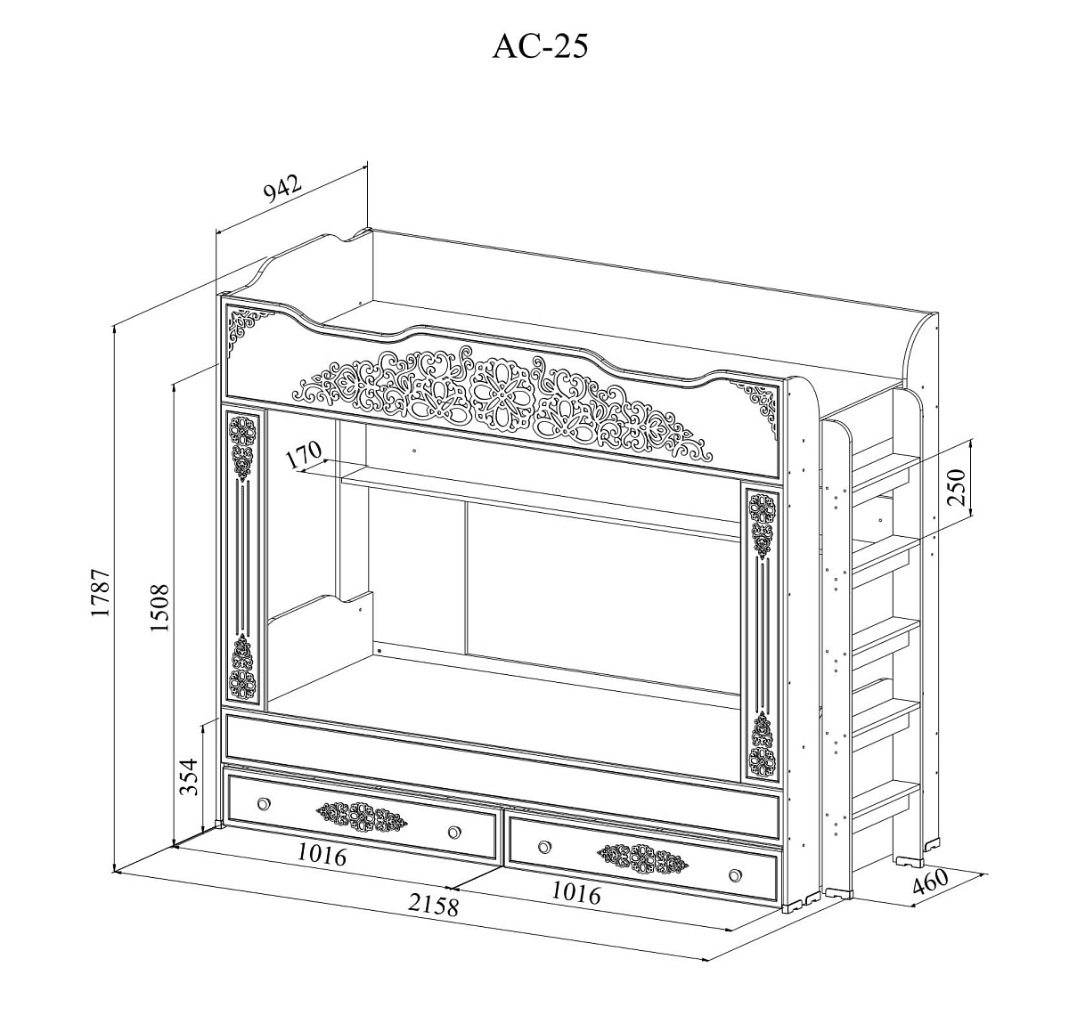 Кровать двухъярусная Ассоль АС-25 (2000х900) белое дерево