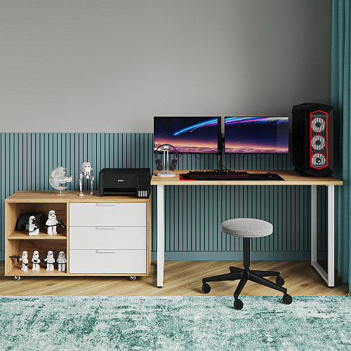 Стол письменный с тумбой С-60051 дуб крафт золотой/меренга/каркас белый