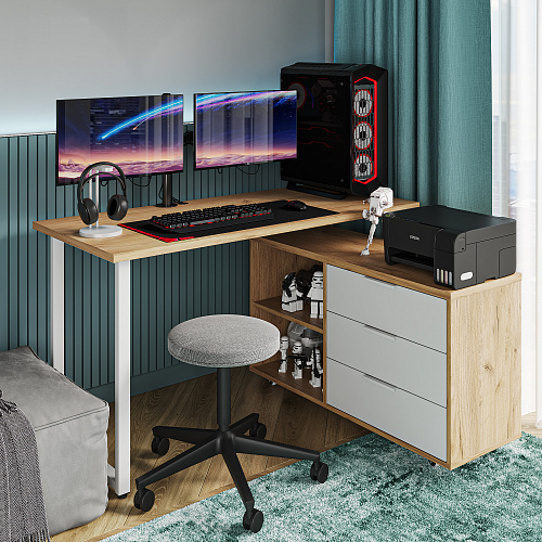 Стол письменный с тумбой С-60051 дуб крафт золотой/меренга/каркас белый