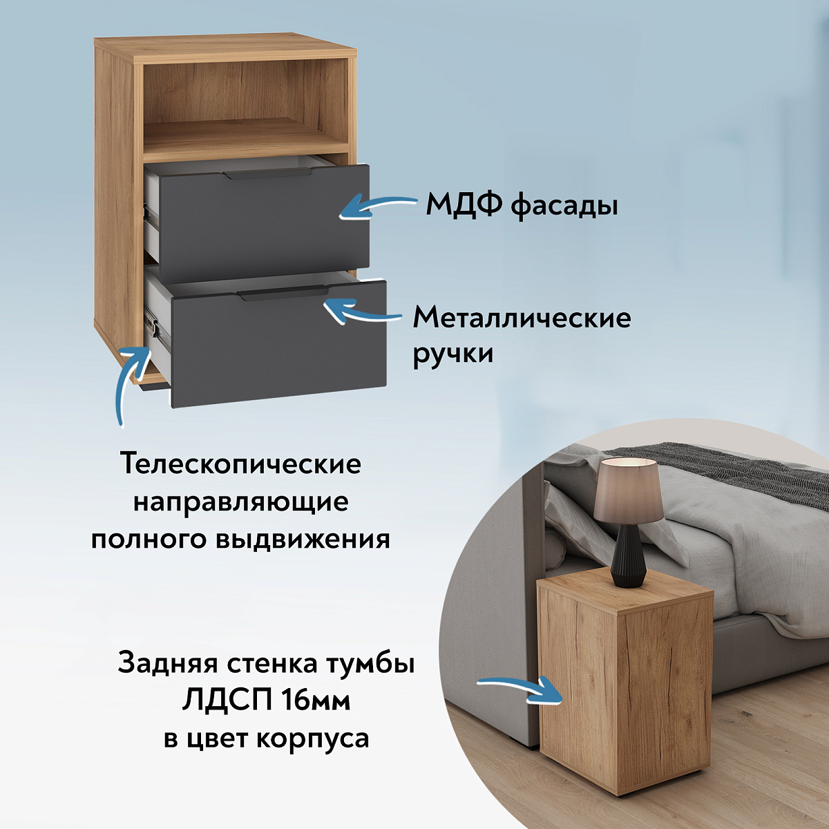 Тумба прикроватная Оптима ОП-07 дуб крафт золотой/графит