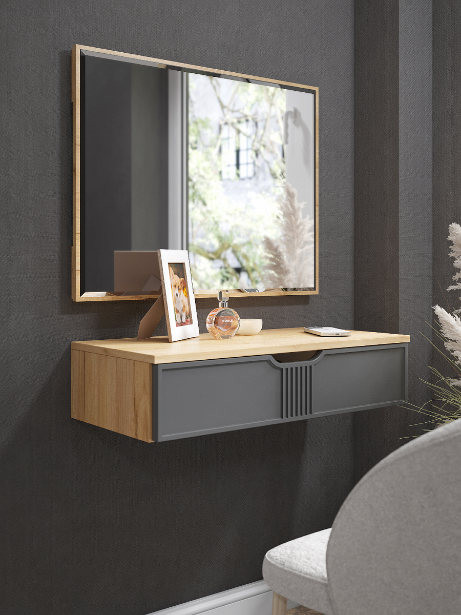 Комплект тумба подвесная с зеркалом ЭЛ-22+ЭЛ-24 дуб крафт золотой/графит