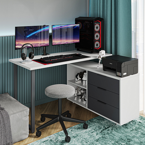 Стол письменный с тумбой С-60050 белый структурный/графит/каркас черный