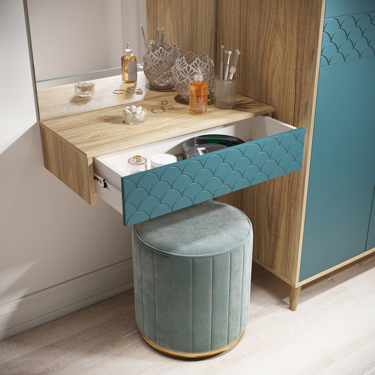 Тумба подвесная Велламо ВО-08 блэквуд ячменный/морская волна