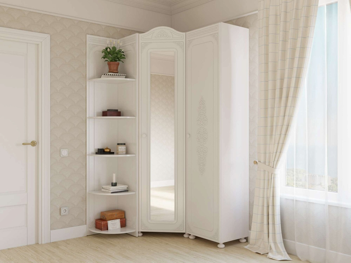 Шкаф угловой с зеркалом Ассоль АС-522К (правый с короной) белое дерево